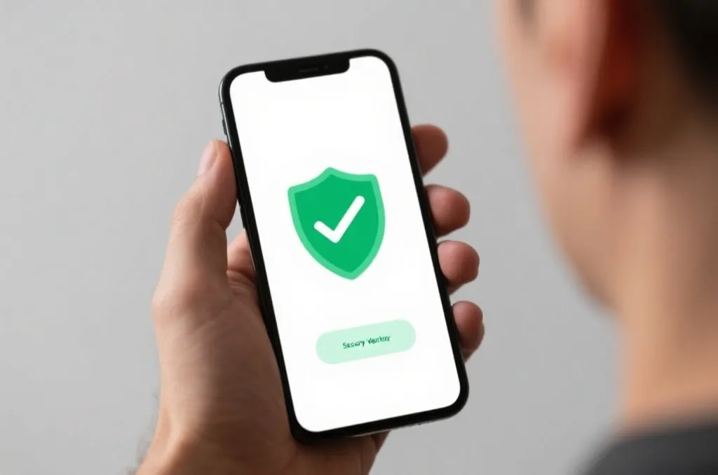A user holding a mobile phone showing a security verification green shield icon with a checklist